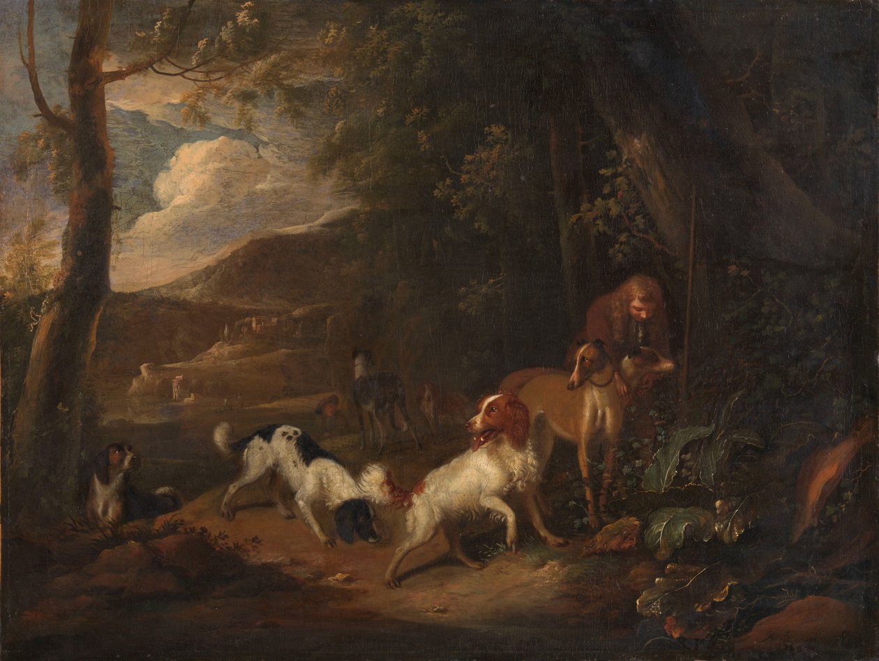 الصياد مع كلاب الصيد على حافة الغابة بواسطة Adriaen Cornelisz Beeldemaker
