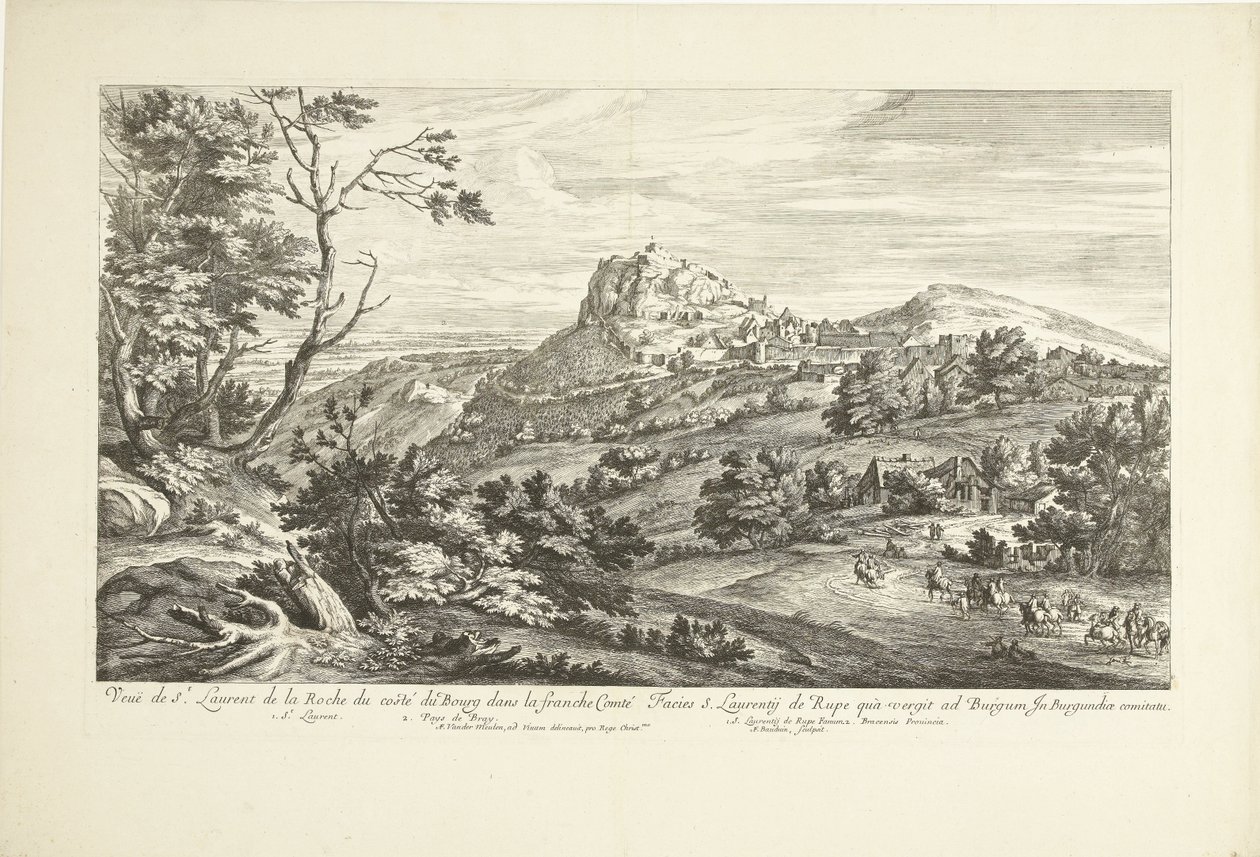 Gezicht op Saint Laurent de la Roche منظر لسانت لوران دي لا روش من ساحل بور في فرانش كومتي (العنوان على الجسم) بواسطة أدريان فرانس بودوينز