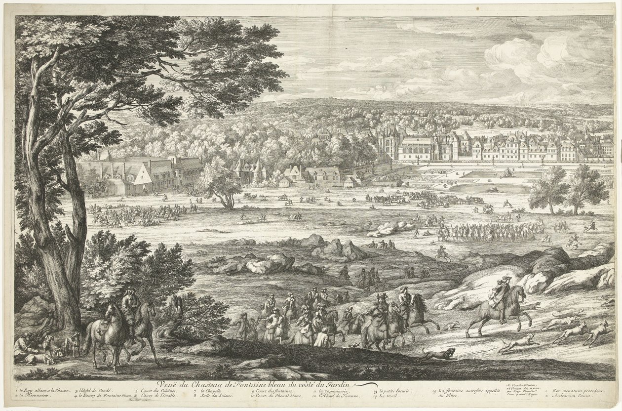 منظر لقلعة فونتينبلو (الصفحة اليسرى) Veuë du Chasteau de Fontainebleau du costé du Jardin (العنوان على الكائن) بواسطة أدريان فرانس بودوينز