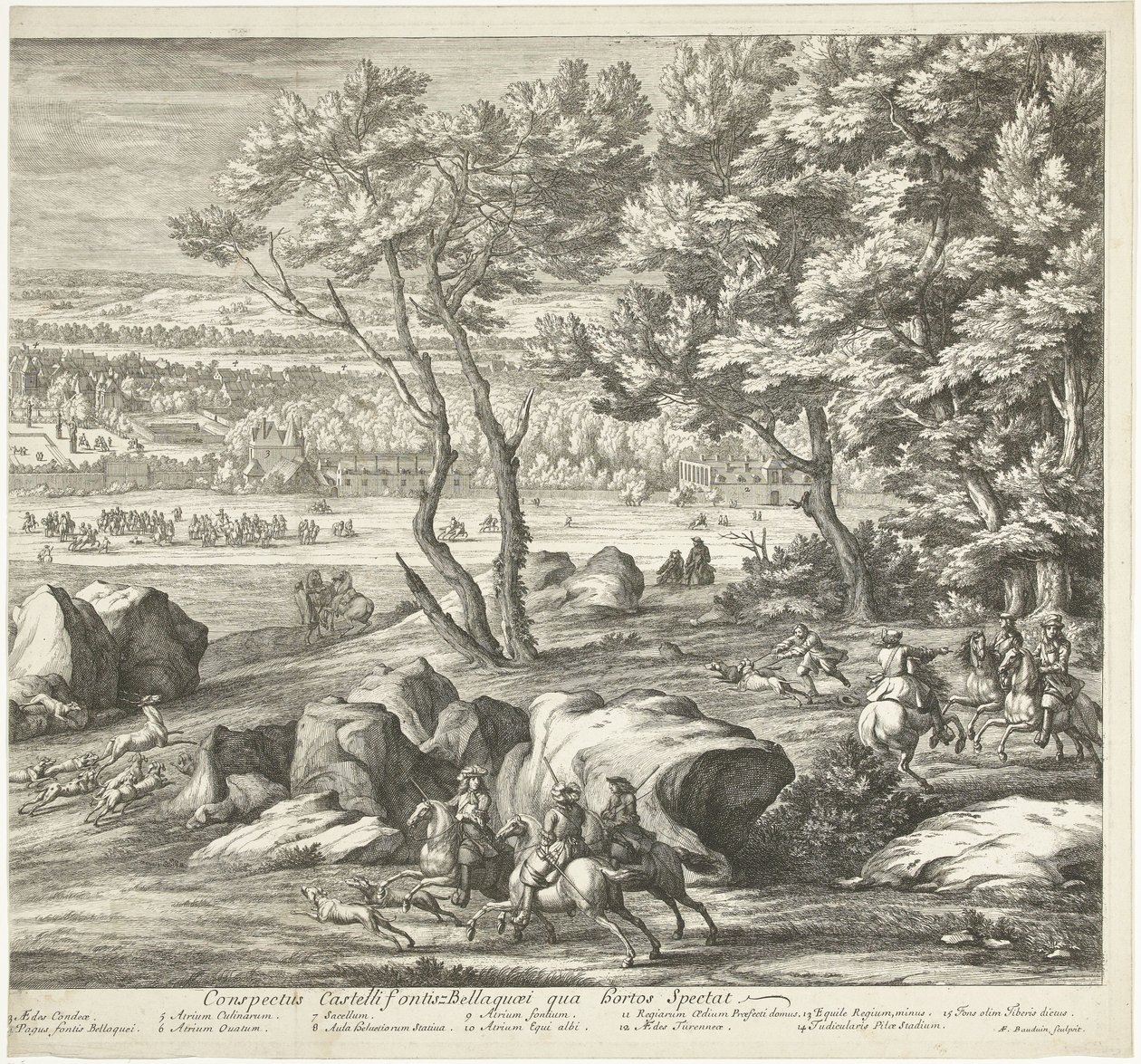 منظر لقلعة فونتينبلو (الصفحة اليمنى) Veuë du Chasteau de Fontainebleau du costé du Jardin (العنوان على الكائن) بواسطة أدريان فرانس بودوينز