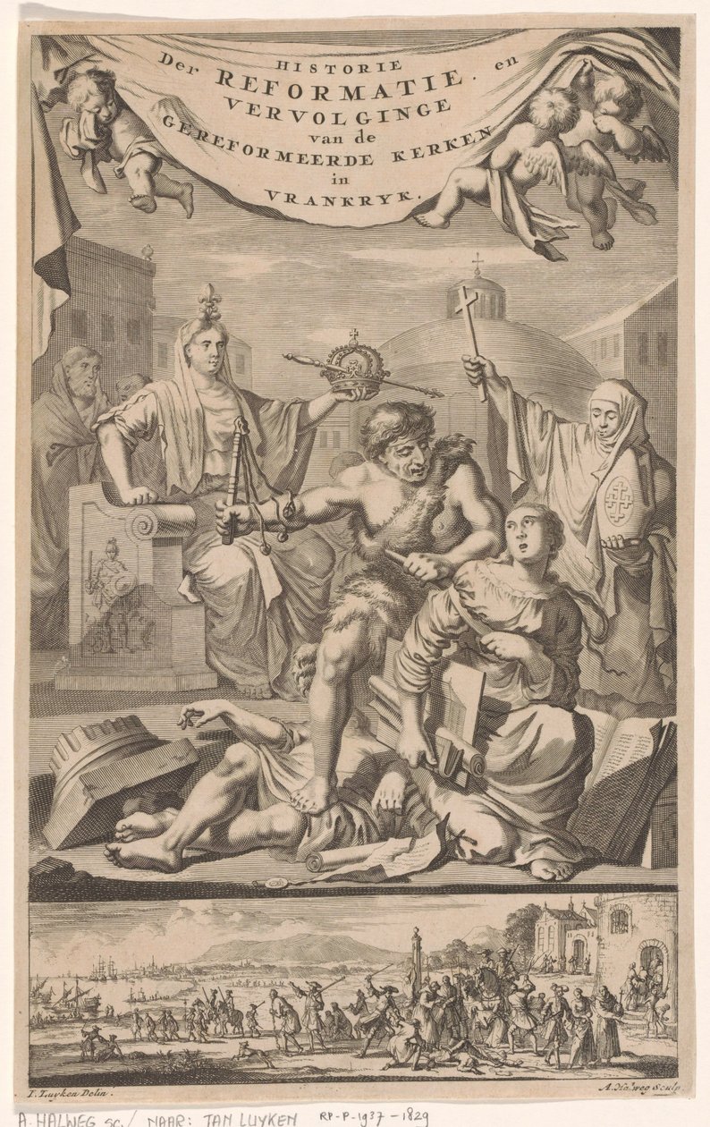 الكنيسة الفرنسية الإصلاحية هاجمها رجل بالبلاء صفحة العنوان لـ: E. Benoist ، Historie der Reformeerde Kerken van Vrankrijk ، 1696 بواسطة أدريان هايلويش