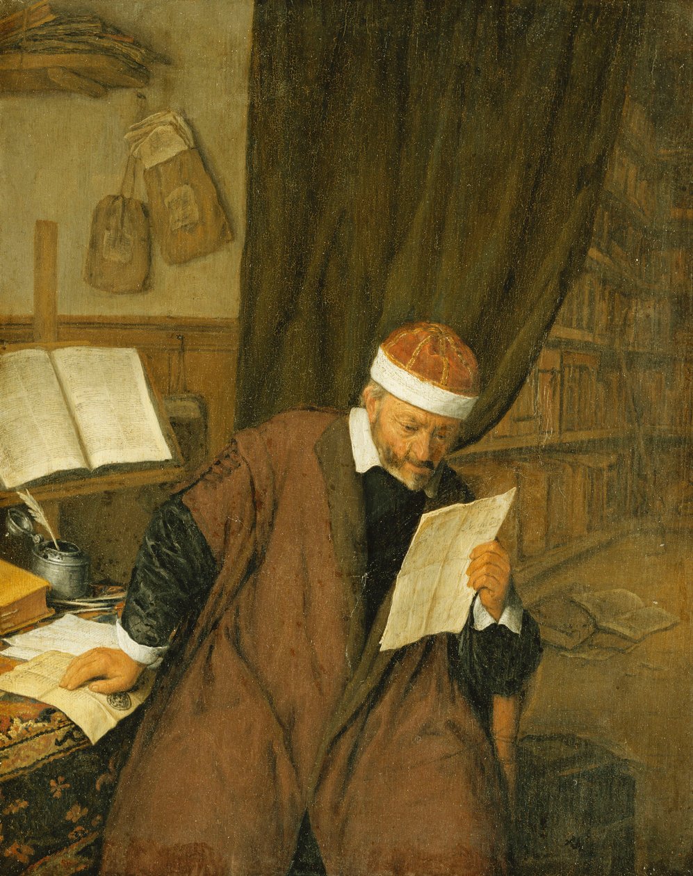 محامي جالس على مكتب يقرأ رسالة ، مكتبة بعدها ، 1668 بواسطة أدريان جانز. فان أوستاد