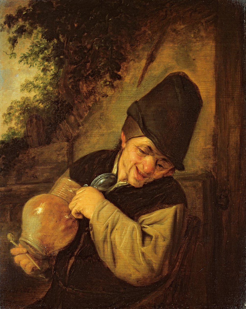 فلاح يحمل إبريقًا وأنبوبًا ، c.1650-55 (زيت على لوح بلوط) بواسطة أدريان جانز. فان أوستاد