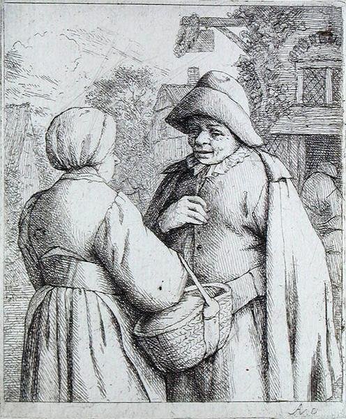 رجل وامرأة يتحدثان (engraving) بواسطة أدريان جانز. فان أوستاد