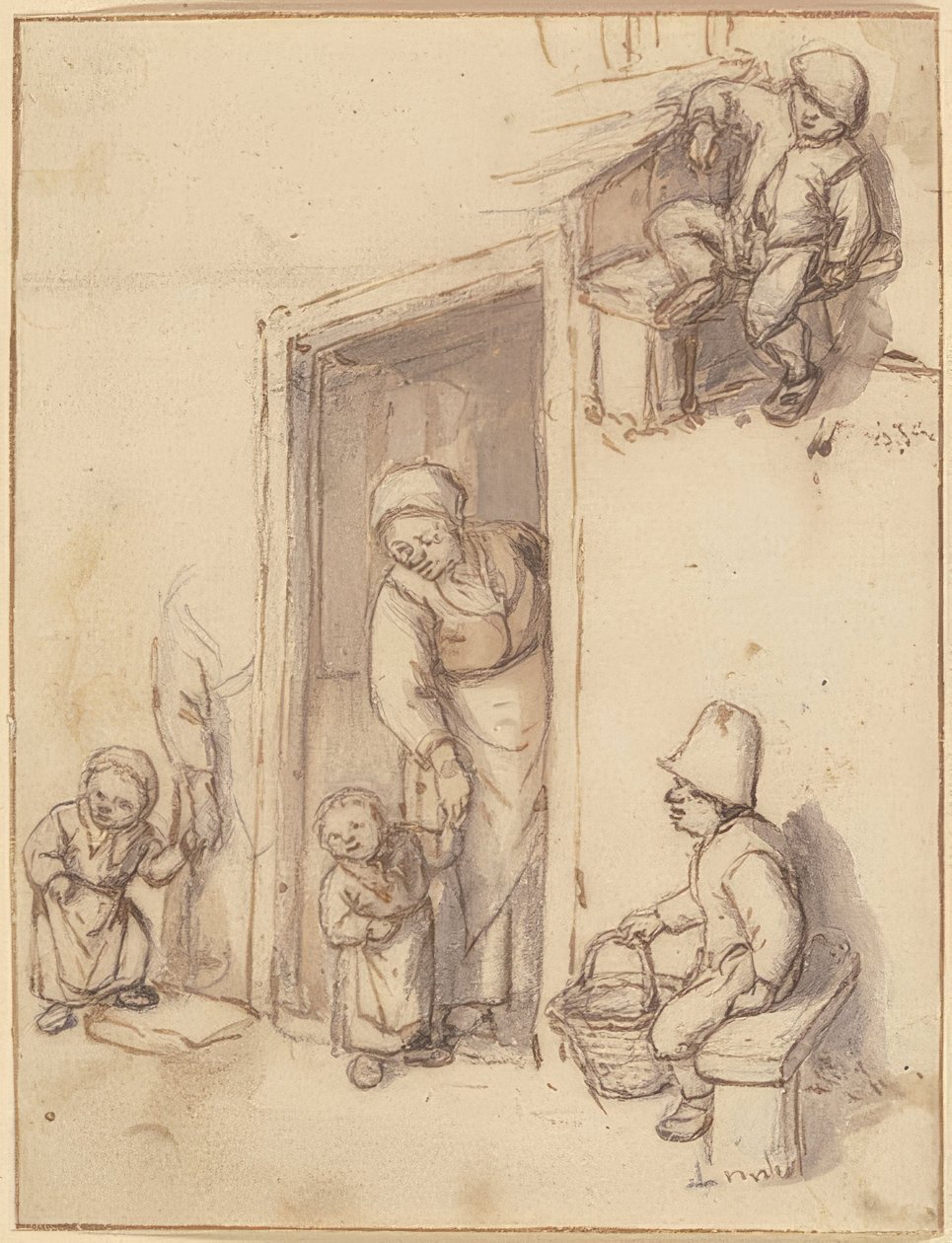 ورقة دراسة مع أم وابنتها في الباب الأمامي ، ولدان جالسان. 1660 بواسطة أدريان جانز. فان أوستاد