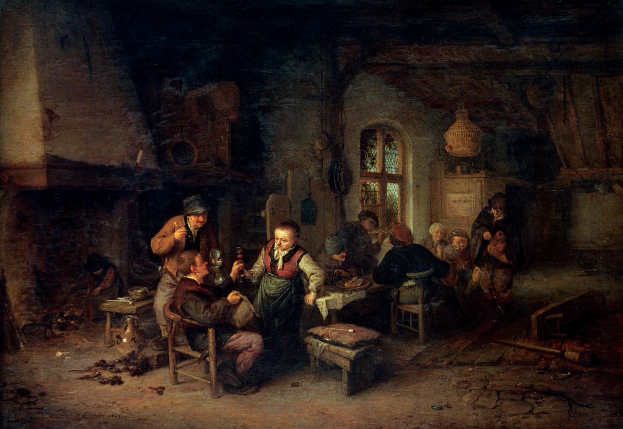 داخل نزل يضم تسعة فلاحين ولاعب Hurdy-Gurdy ، 1653. بواسطة أدريان جانز. فان أوستاد