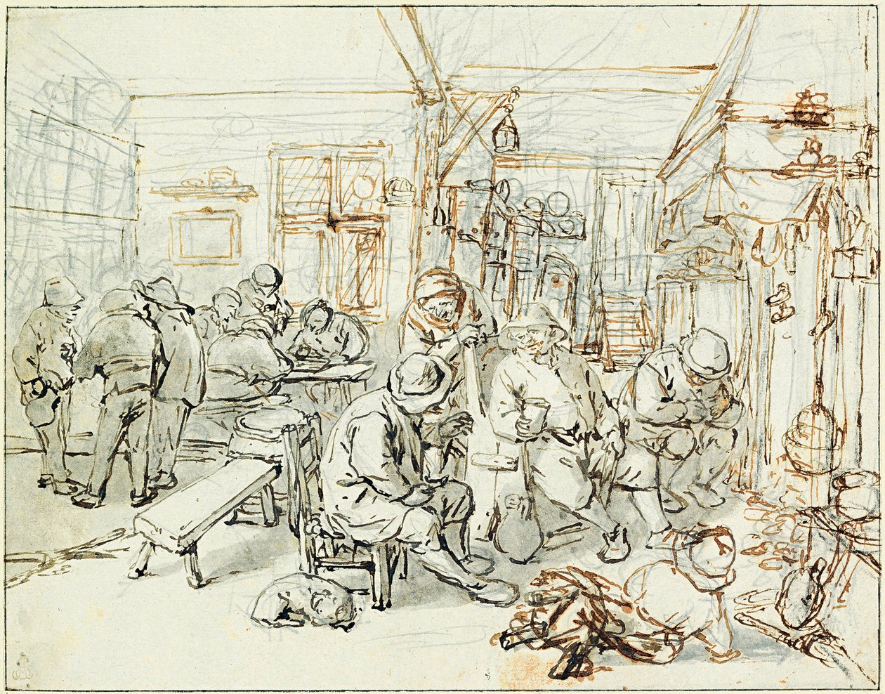 مجموعة من الفلاحين في حانة (شركة الفلاحين في حانة) - رسم لأدريان جانز فان أوستاد (1610-1685) وقلم رصاص وحبر هندي على ورق ، حوالي 1675 - ألبرتينا ، فيينا (النمسا) بواسطة أدريان جانز. فان أوستاد
