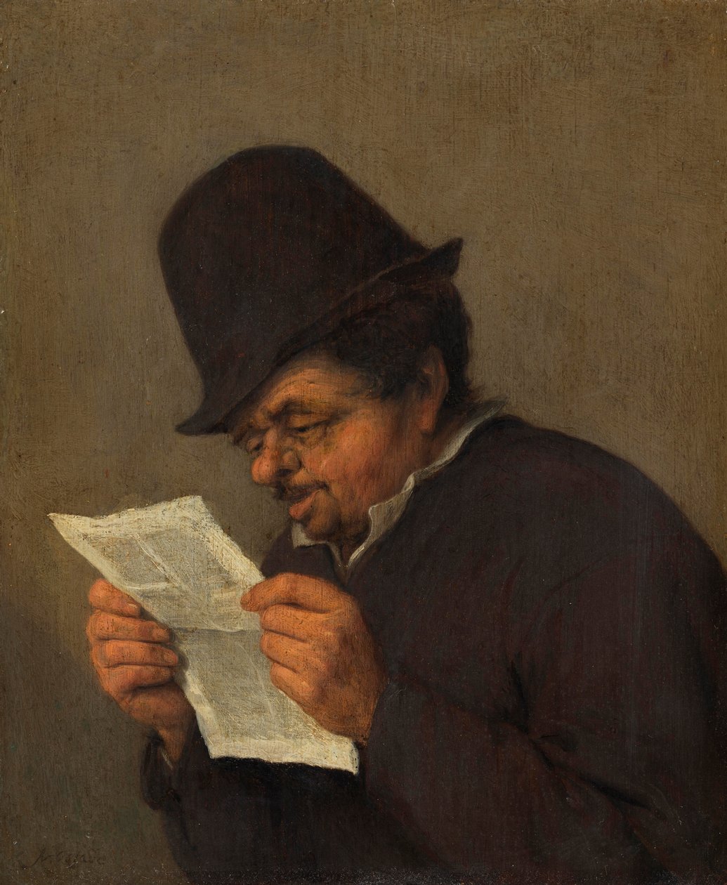 فلاح قديم يقرأ ورقة ، c.1647 (زيت على خشب البلوط) بواسطة أدريان جانز. مدرسة فان اوستاد