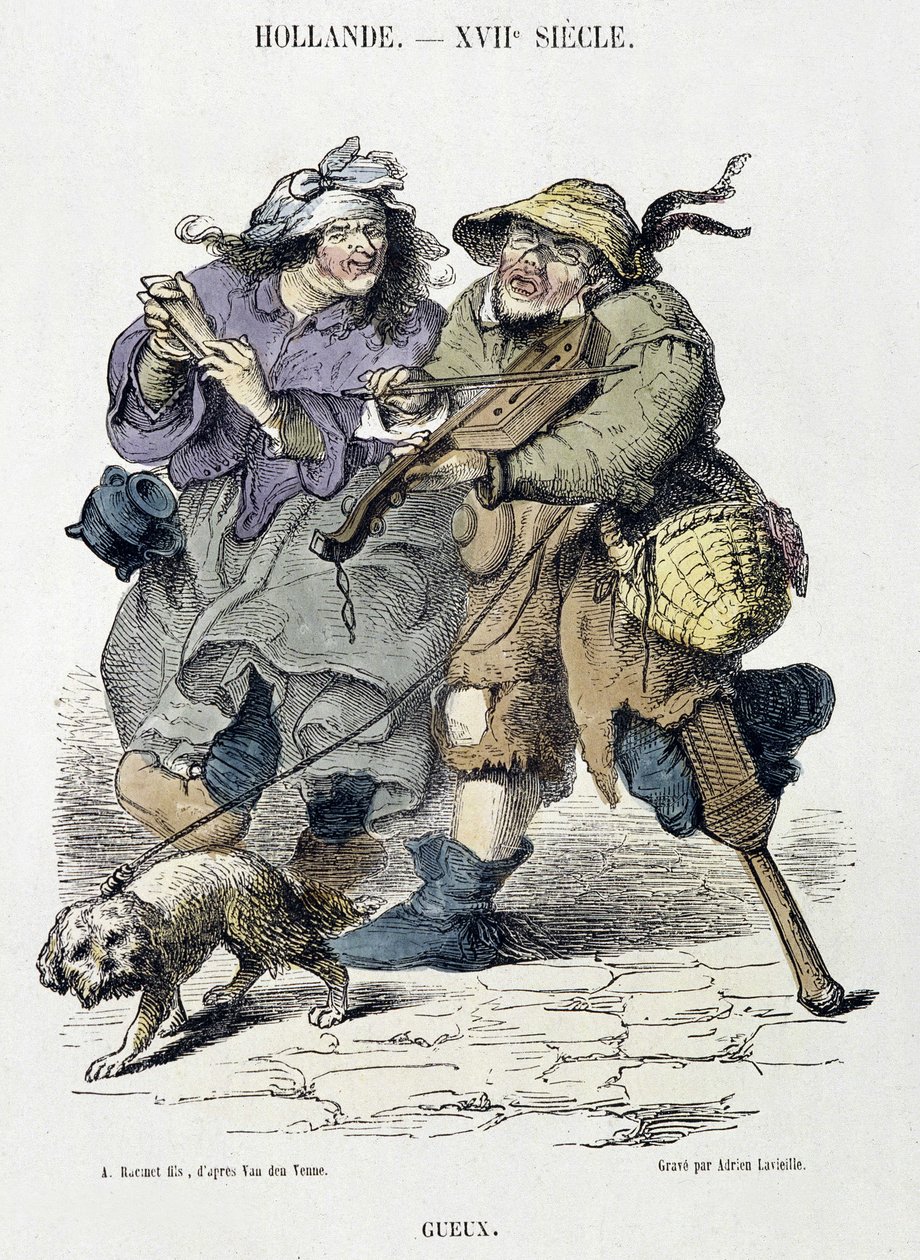 Gueux يعزف موسيقى الشارع ، هولندا ، القرن السابع عشر. بواسطة Adriaen Pietersz van de (بعد) Venne