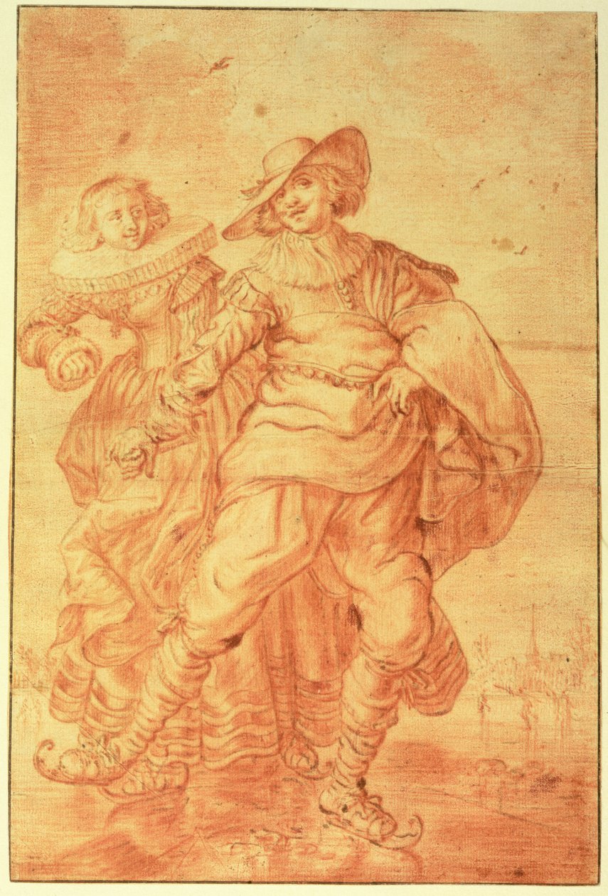 سيدة ورجل يتزلج على الجليد ، 1625 ج (طباشير أحمر على ورق) بواسطة Adriaen Pietersz van de Venne