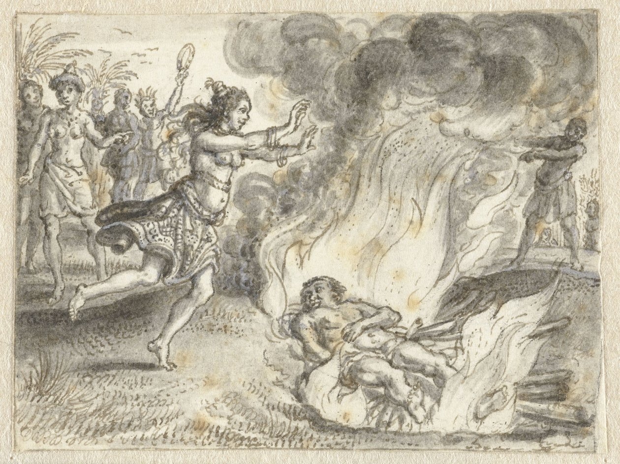حرق الجثة كما يمارسه الناس في أرض بعيدة بواسطة Adriaen Pietersz van de Venne
