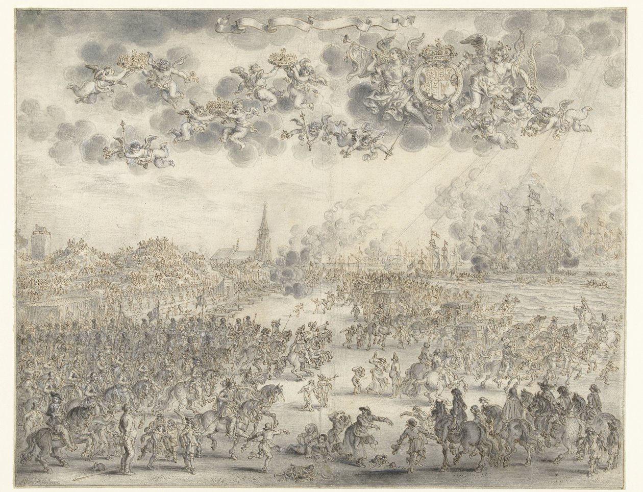رحيل تشارلز الثاني من شيفينجن الملك تشارلز الثاني صاعدًا إلى Scheveningen ، 2 يونيو 1660 بواسطة Adriaen Pietersz van de Venne
