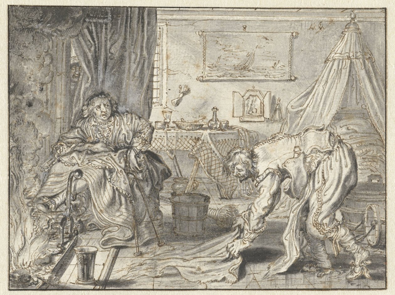 رجل ينظف الأرضية بينما تجلس زوجته بجوار الموقد بواسطة Adriaen Pietersz van de Venne