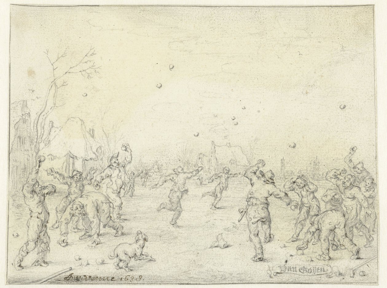 رجال وفتيان يقذفون كرات الثلج بواسطة Adriaen Pietersz van de Venne