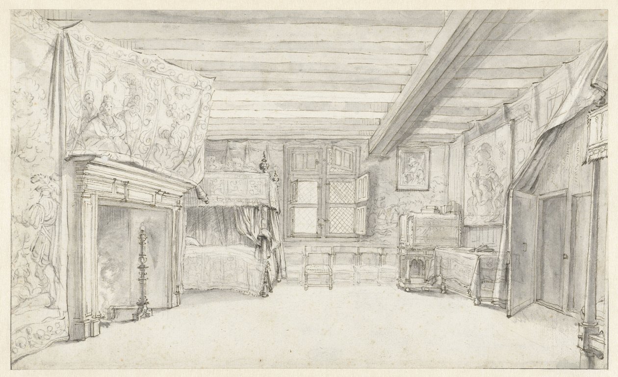 منظر لغرفة معيّنة بغنى مع سرير مغطى بأربعة أعمدة بواسطة Adriaen Pietersz van de Venne