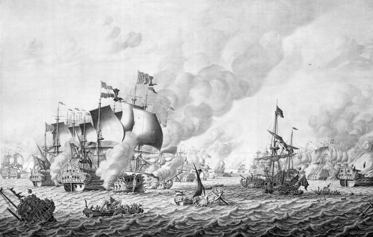 معركة لا هوغ (Barfleur) ، 19-24 مايو 1692 (grisaille on panel) بواسطة Adriaen van Salm