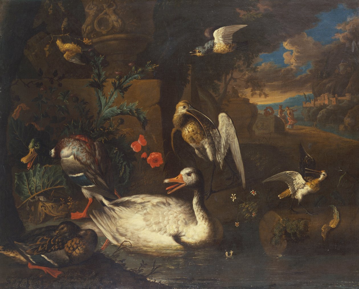 طير بري في منظر طبيعي وشخصيات (زيت على قماش) بواسطة Adriaen van Oolen