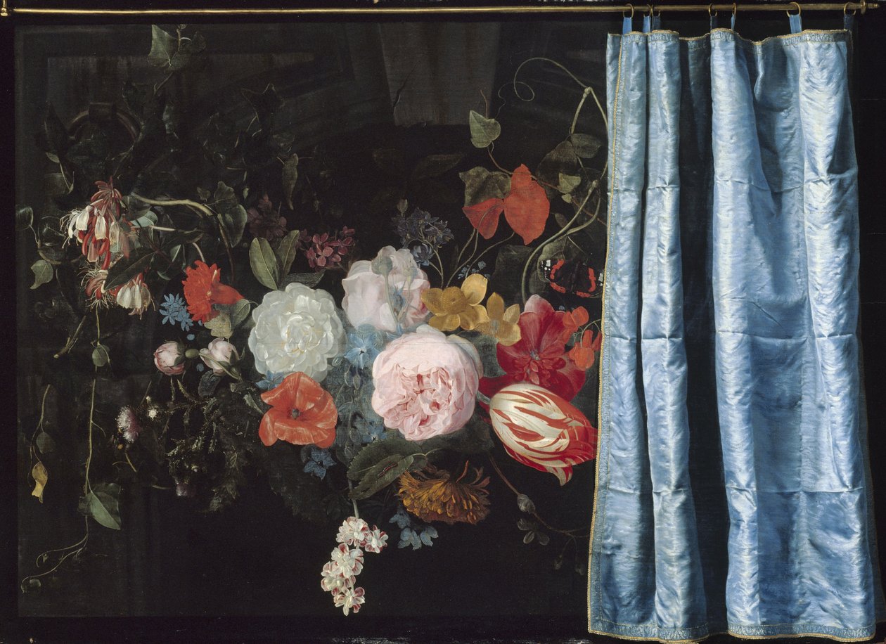 Trompe-l "Oeil Still Life with a Flower Garel and Curtain، 1658 بواسطة أدريان فان سبيلد