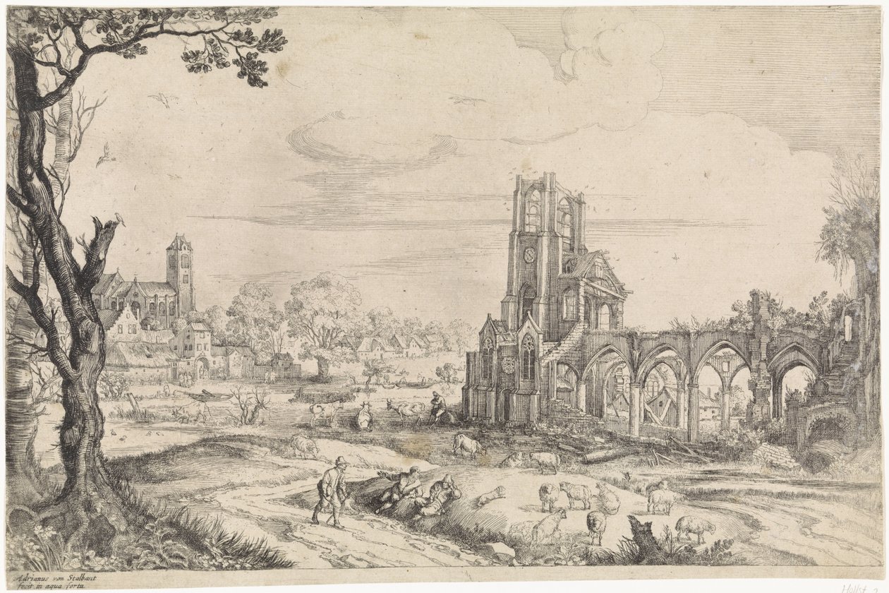 منظر طبيعي مع أنقاض دير بواسطة Adriaen van Stalbemt