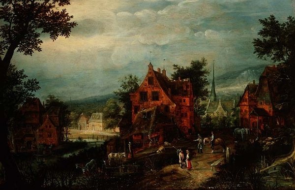 منظر طبيعي للقرية مع فلاحين بواسطة Adriaen van Stalbemt