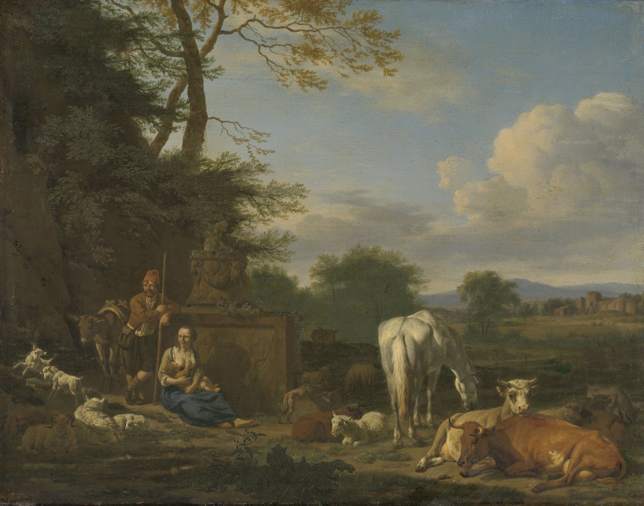 منظر أركادي مع رعاة وحيوانات يستريحون ، 1664 (زيت على قماش على لوحة) بواسطة أدريان فان دي فيلدي