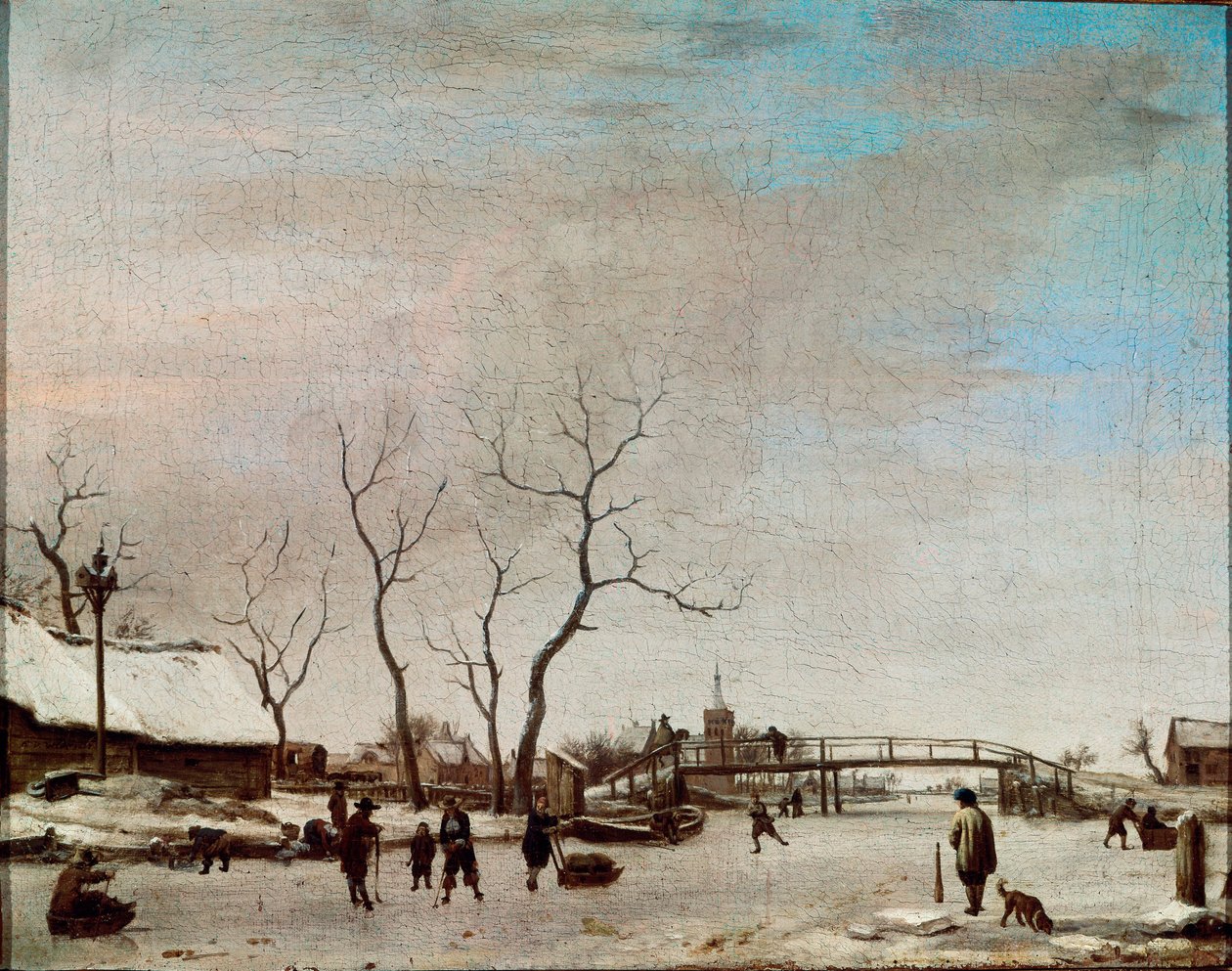 Riviere gelee with skaters Painting by Adriaen Van de Velde le jeune (1636-1672) 1668 Dim. 23x30 cm Paris, Musee du Louvre بواسطة أدريان فان دي فيلدي