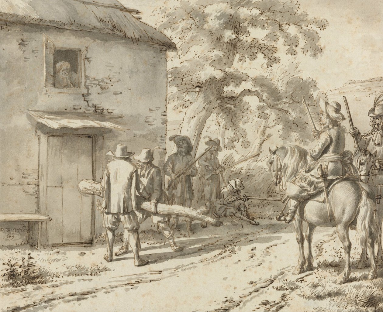 الجنود يجبرون الباب ، 1669 (رسم بالقلم والحبر) بواسطة أدريان فان دي فيلدي