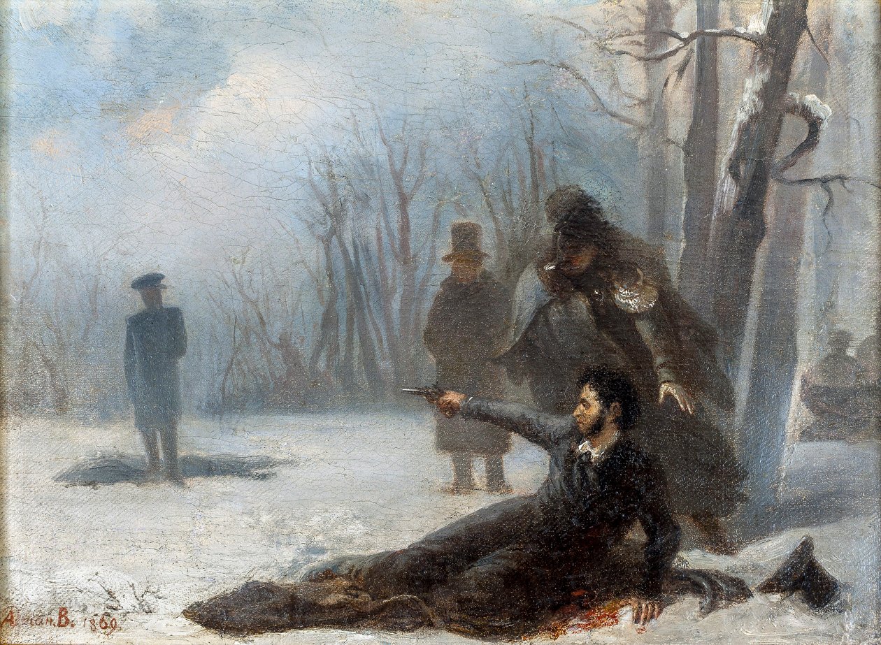 اللقطة الأخيرة لألكسندر بوشكين (1799-1837) - مبارزة بين ألكسندر بوشكين وجورج دي أنثيس بواسطة فولكوف ، أدريان ماركوفيتش (1827-1873). زيت على قماش بواسطة أدريان ماركوفيتش فولكوف