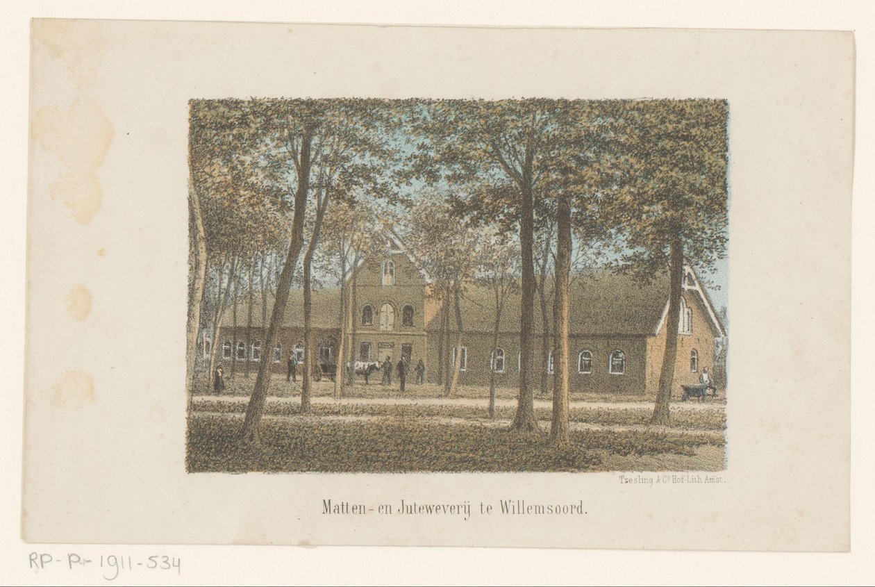 منظر لمصنع حياكة الحصير والجوت في ويلمسورد Matten- en Juteweverij في Willemsoord (العنوان على الكائن) بواسطة Adrianus Hidde Heremiet Voorhorst (ربما)