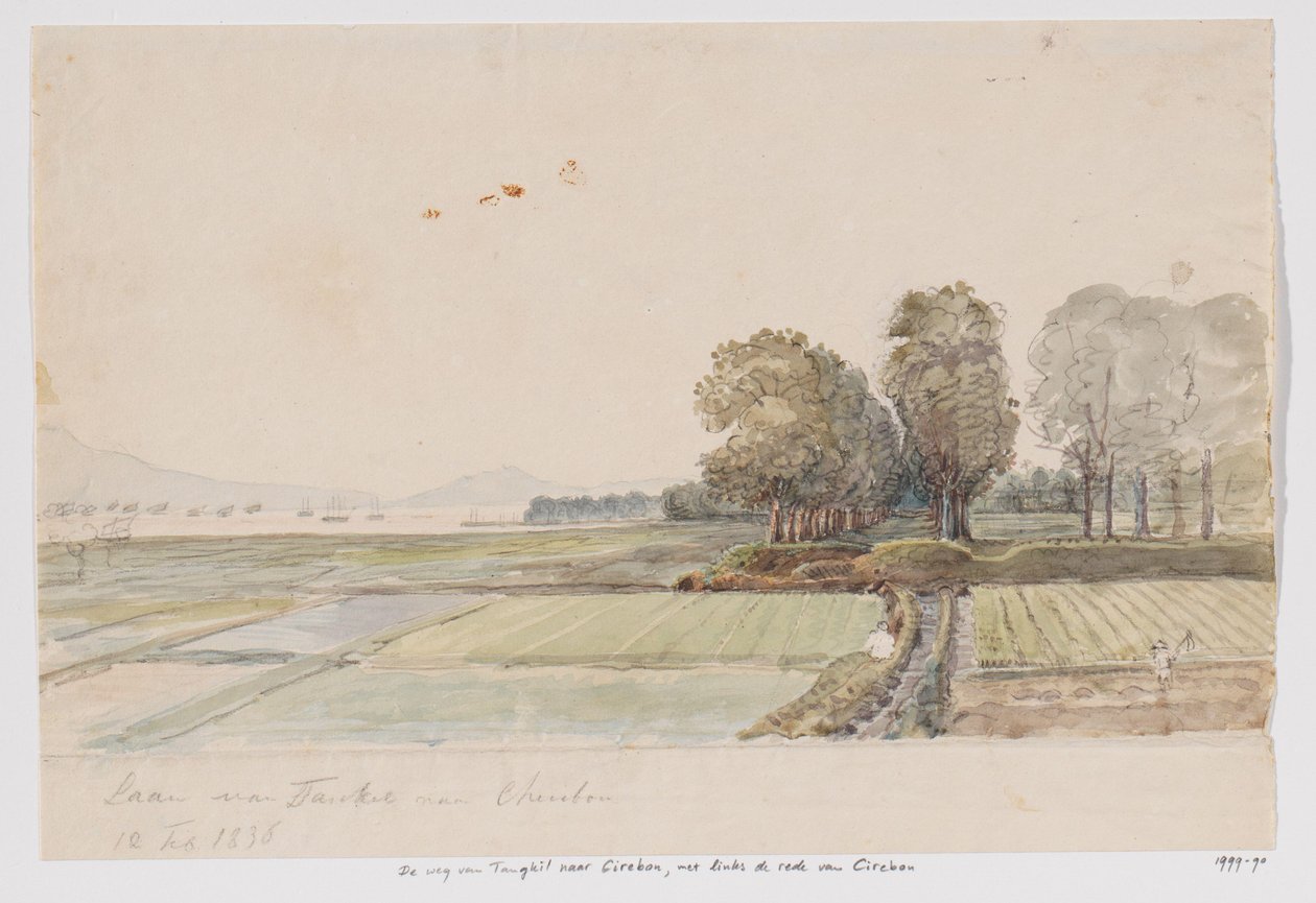 منظر طبيعي مع طريق من Tangkil إلى Cirebon وإطلالة على الطريق (مكان الإرساء) في Cirebon ، West Java بواسطة أدريانوس يوهانس بيك