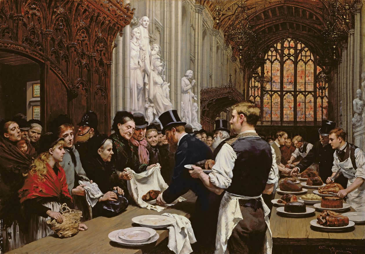 توزيع اليسار على الفقراء بعد مأدبة عمدة اللورد في Guildhall ، 1882 بواسطة أدريان إيمانويل ماري