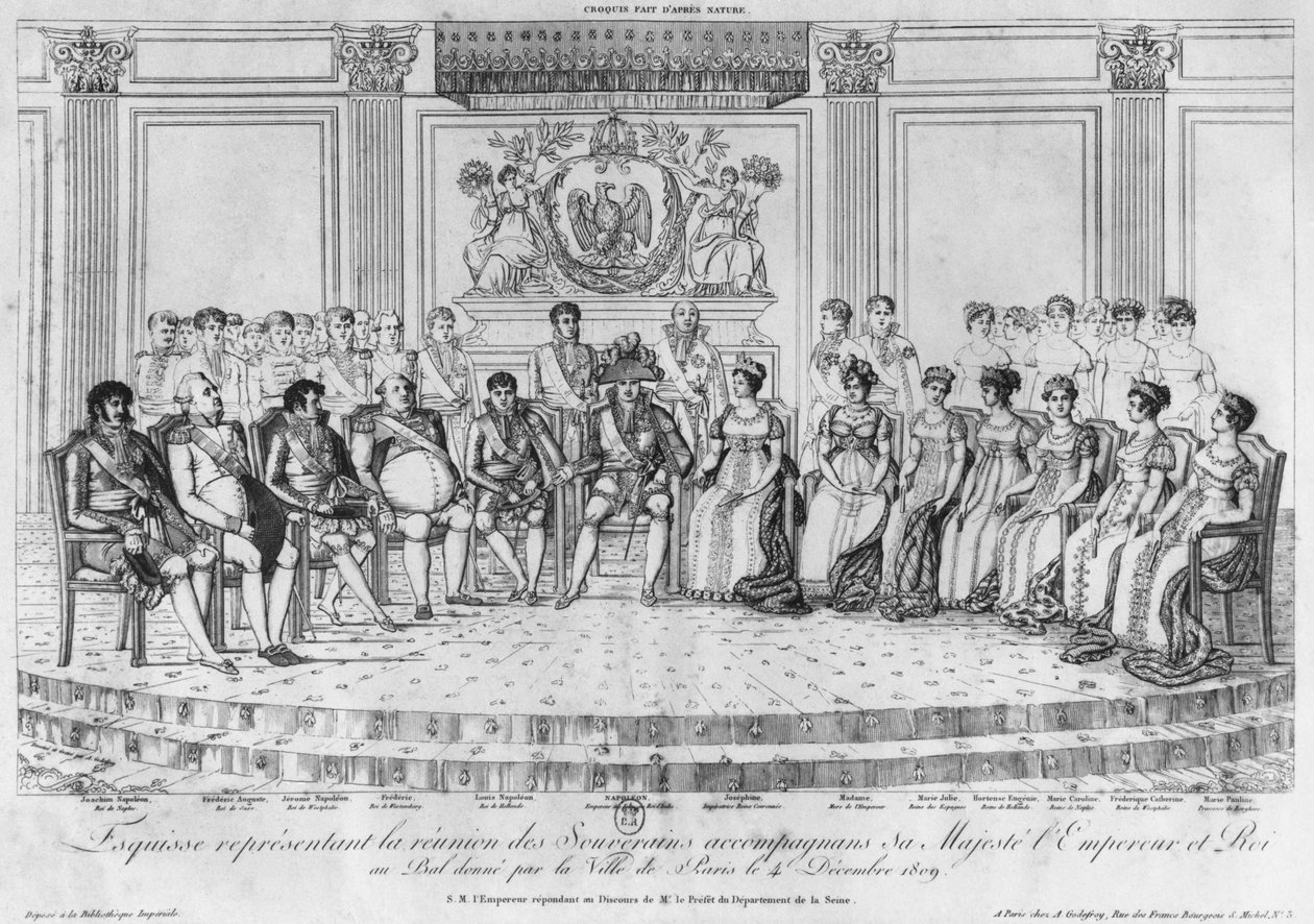 رسم تخطيطي يصور نابليون الأول والملوك في الكرة التي قدمتها مدينة باريس في 4 ديسمبر 1809 بواسطة أدريان بيير فرانسوا جودفروي