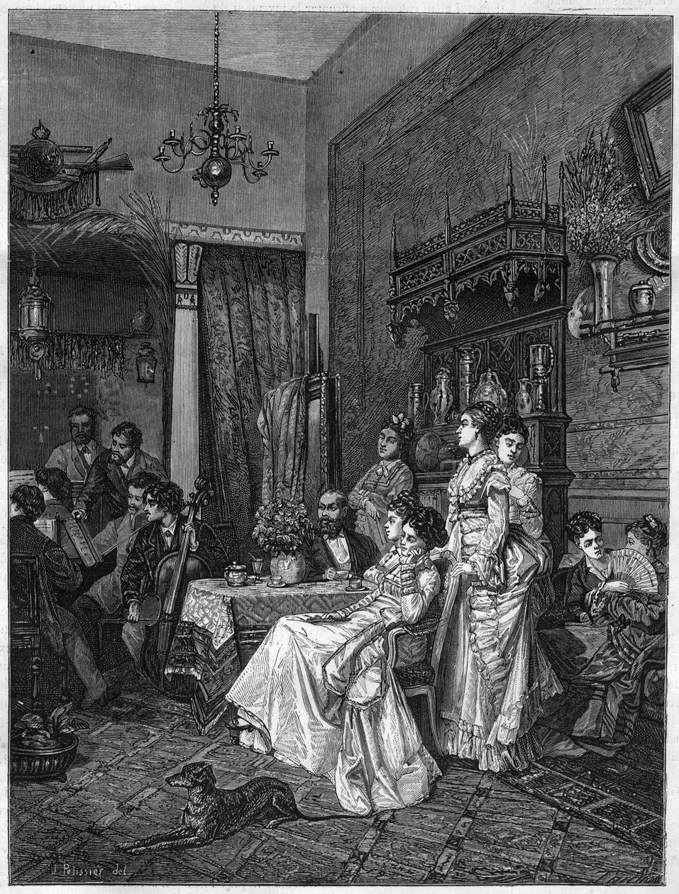 حفلة هواة في استوديو فنان. نقش بعد اللوحة التي رسمها أدريان مورو (1843-1906) في "الكون المصور" بواسطة أدريان (بعد) مورو