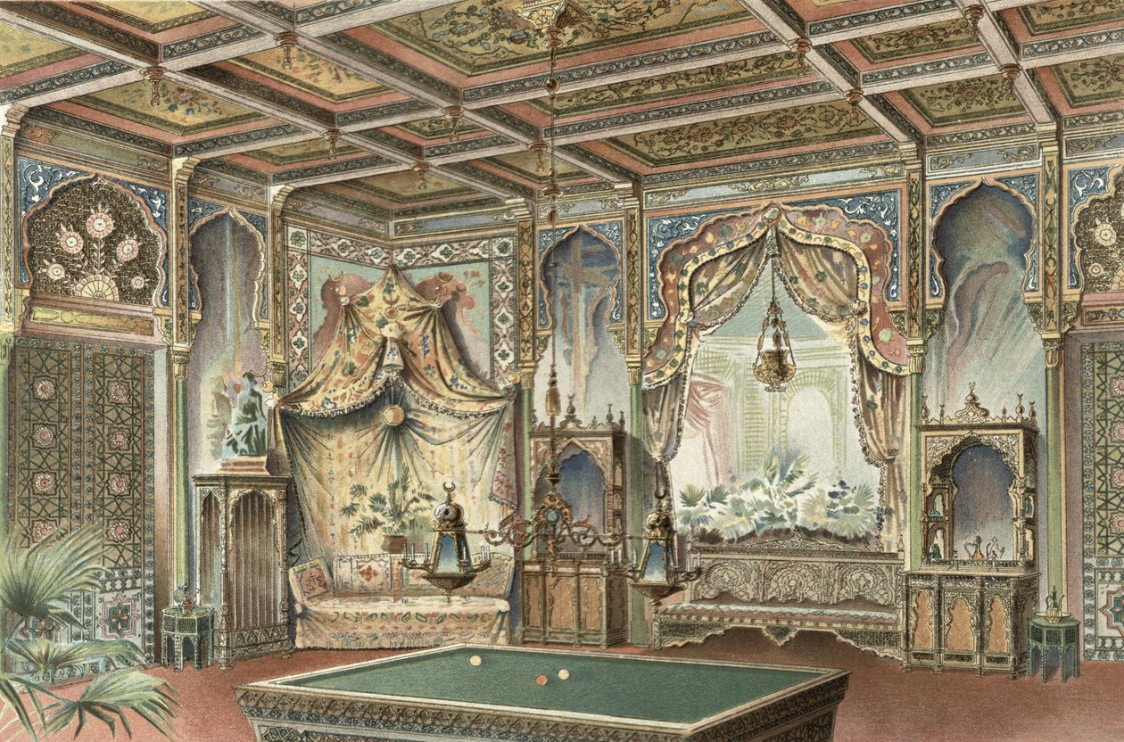 غرفة بلياردو مغاربية ، رسم توضيحي من "La Decoration Interieure" ، نُشر حوالي 1893-94 (ليثو ملون) بواسطة أدريان (بعد) سيمونيتون
