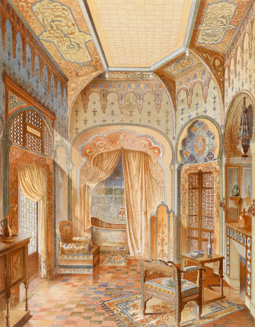 تصميم داخلي للحمام على الطراز المغربي ، رسم توضيحي من "La Decoration Interieure" نُشر عام 1893-94 (لون ليثو) بواسطة أدريان (بعد) سيمونيتون