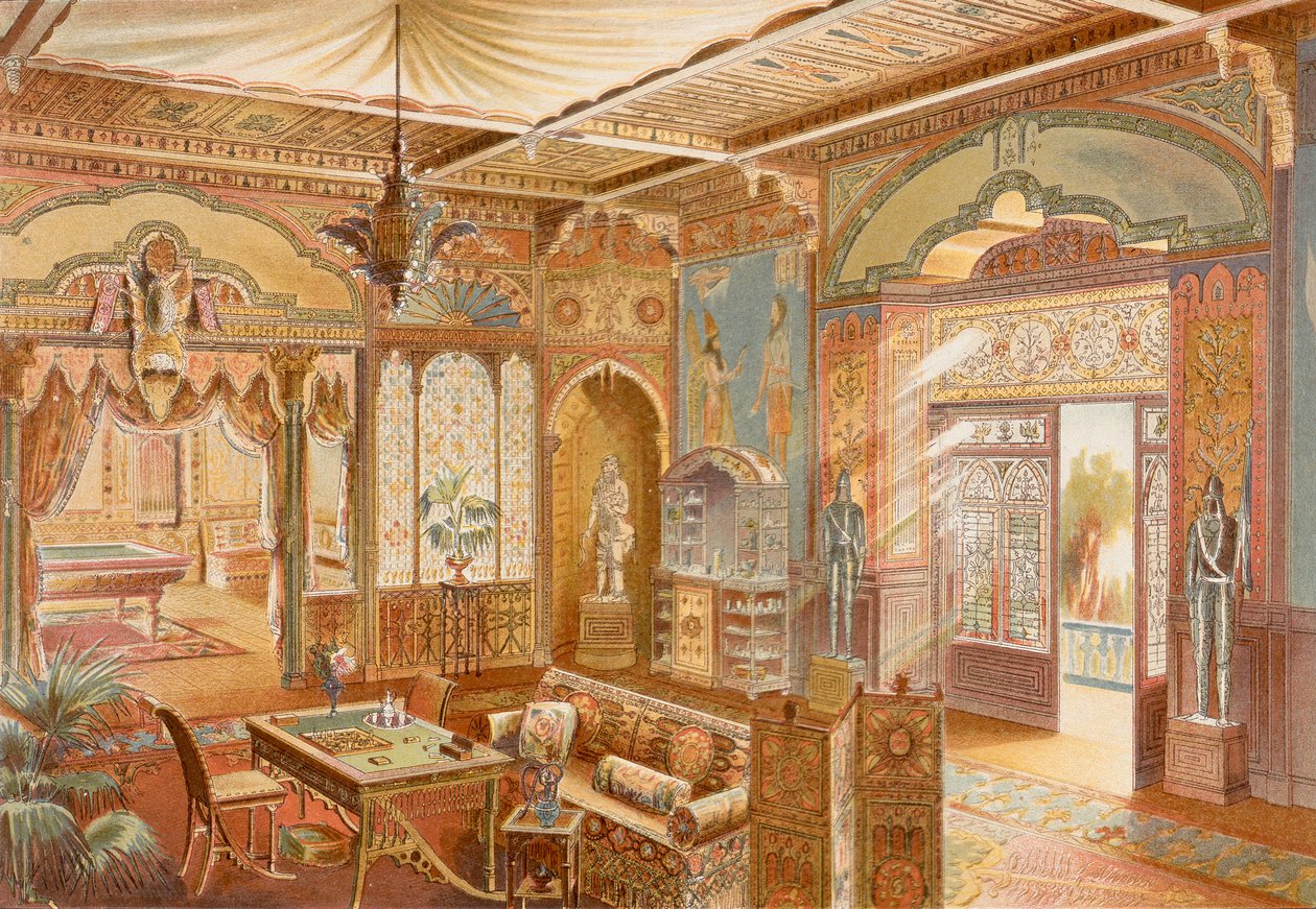 غرفة ألعاب على الطراز الآشوري ، رسم توضيحي من "La Decoration Interieure" نُشر عام 1893-94 (لون ليثو) بواسطة أدريان (بعد) سيمونيتون