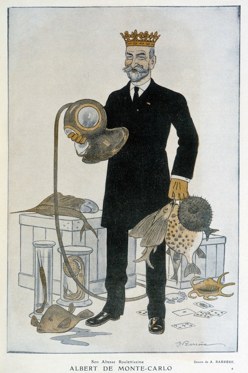 ألبرت 1er de Monaco (1848-1922) ، مؤسس متحف علم المحيطات في مونت كارلو - رسم توضيحي بواسطة Adrien Barrere (1877-1931) في Fantasio في 15/04/1914 بواسطة أدريان باريري