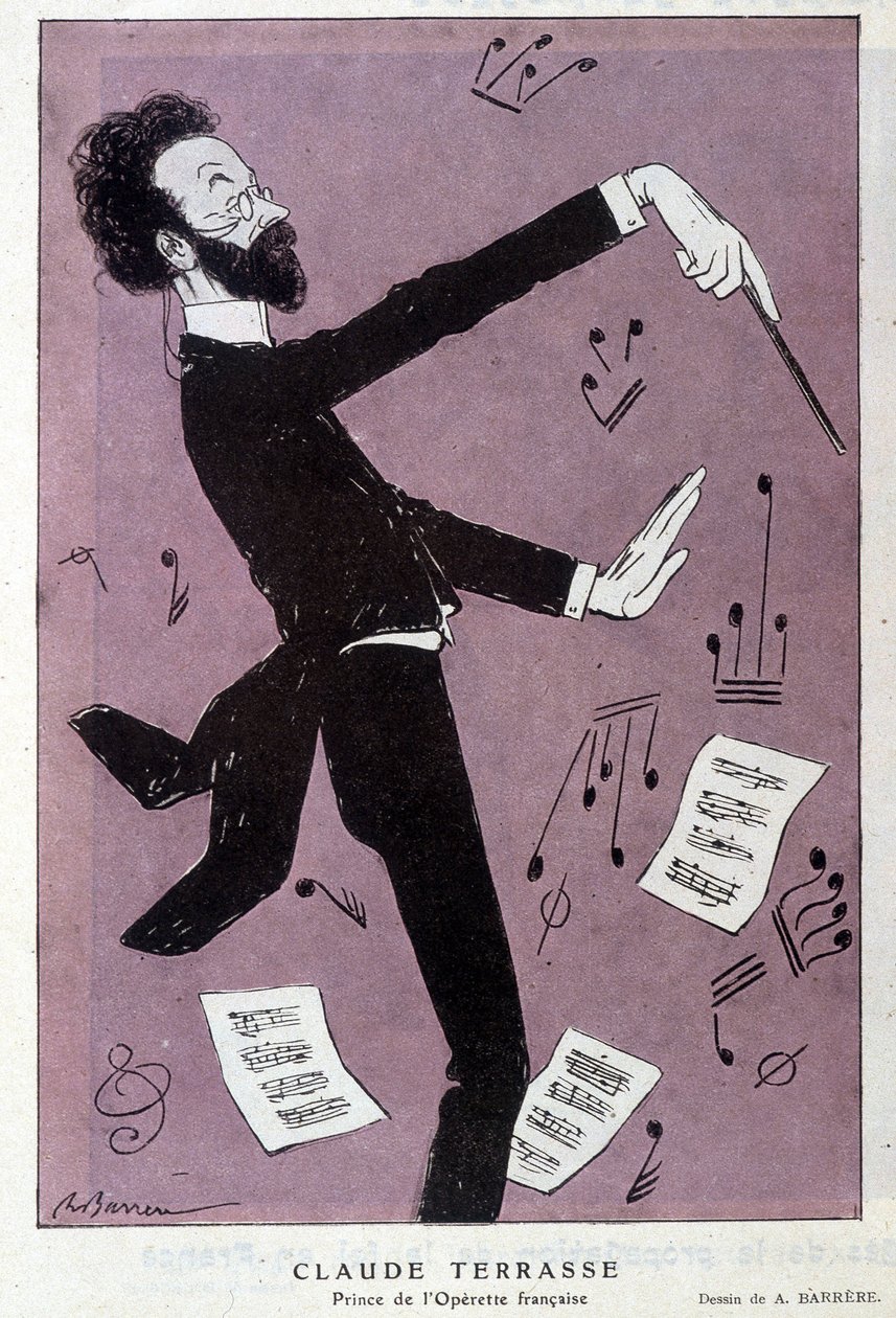 رسم كاريكاتوري لكلود أنطوان تيراس (1867-1925) ، الملحن الفرنسي: أمير الأوبرا الفرنسية. في Fantasio. رسم باريير. بواسطة أدريان باريري