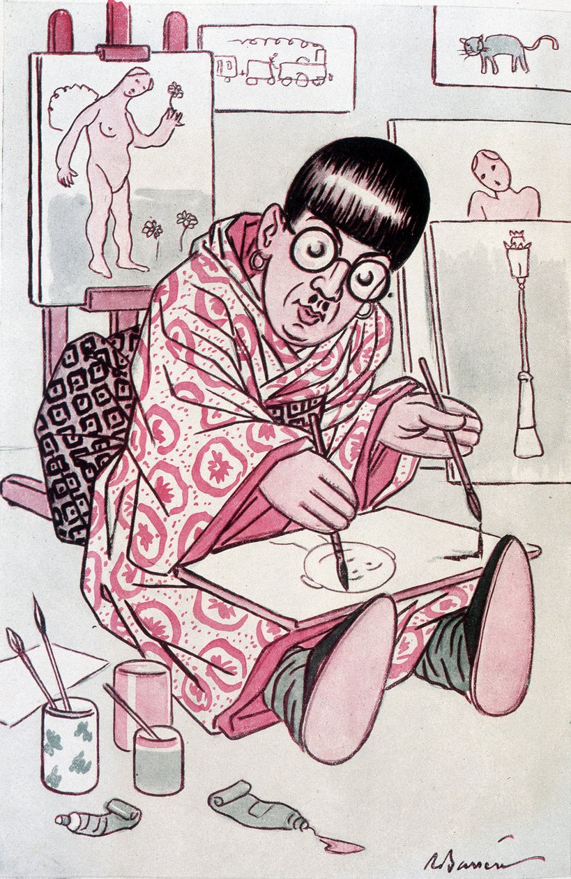 رسم كاريكاتوري يُظهر تسوجوهارو فوجيتا ، عمد ليونارد فوجيتا ، رسام فرنسي من أصل ياباني (1886-1968). رسم باريري في Fantasio في 1/4/1927. بواسطة أدريان باريري