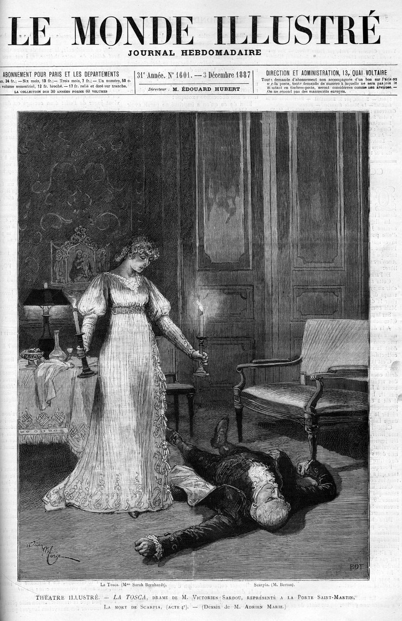 The Death of Scarpia (Monsier Berton) ، رسم توضيحي للفصل 4 من "Tosca" مع سارة برنهارد في دور La Tosca ، غلاف "Le monde Illustre" بواسطة أدريان إيمانويل (بعد) ماري