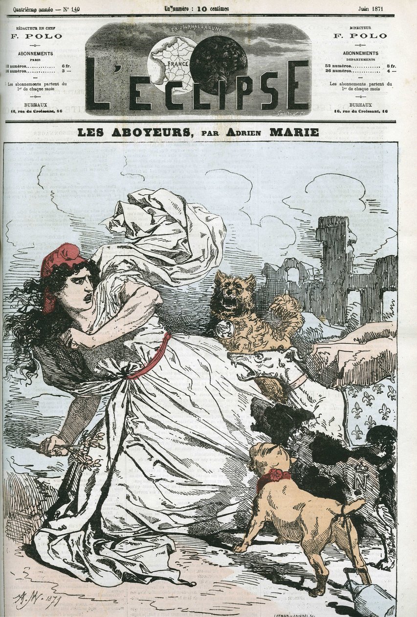 Barking ، الجمهورية تتبعها كلاب ملكية أو بونابارتية. غلاف في "L'Eclipse" بقلم Adrien Marie ، يونيو 1871 ، باريس. بواسطة أدريان إيمانويل ماري