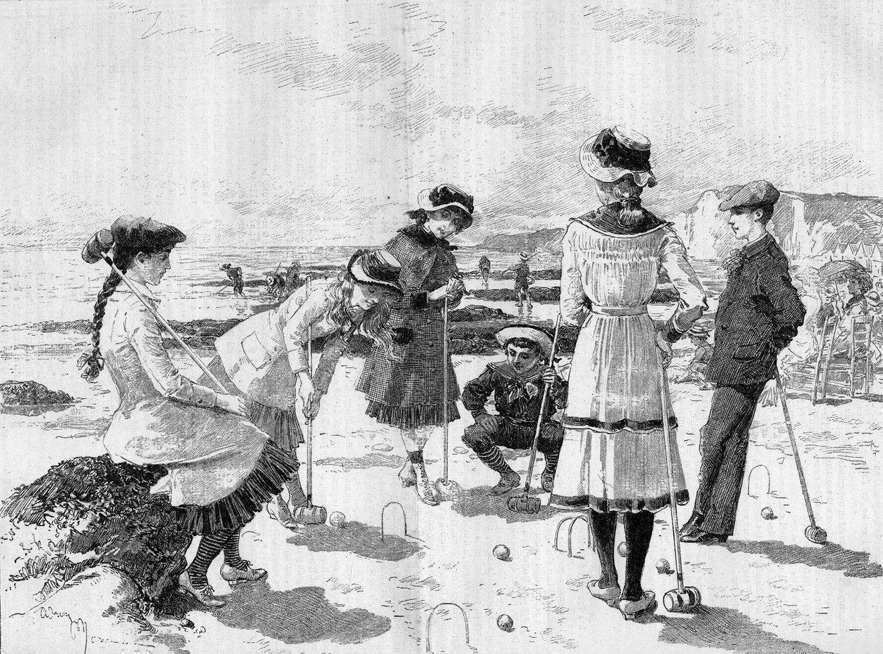 أطفال يلعبون الكروكيه على الشاطئ. نقش أدريان ماري في "" Le Monde Illustré "" رقم 1277 بتاريخ 17 سبتمبر 1881. بواسطة أدريان إيمانويل ماري