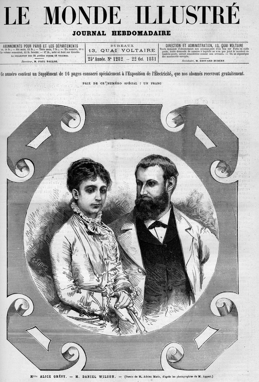 صورة لدانييل ويلسون (1840-1919) ، سياسي فرنسي مع زوجته أليس غريفي. نقش أدريان ماري. واحد من "العالم اللامع" رقم 1282 بتاريخ 22 أكتوبر بواسطة أدريان إيمانويل ماري