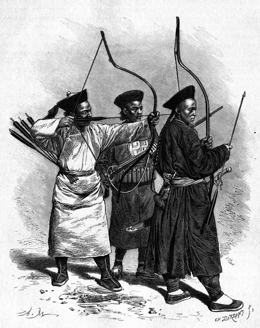 صور لثلاثة رماة صينيين يرتدون الزي التقليدي ، في سبعينيات القرن التاسع عشر. نقش من رسم ماري ، من صورة طومسون ، في "" Le Tour du Monde ، Nouveau journal des Voyages "، تحرير إدوارد شارتون ، باريس بواسطة أدريان إيمانويل ماري