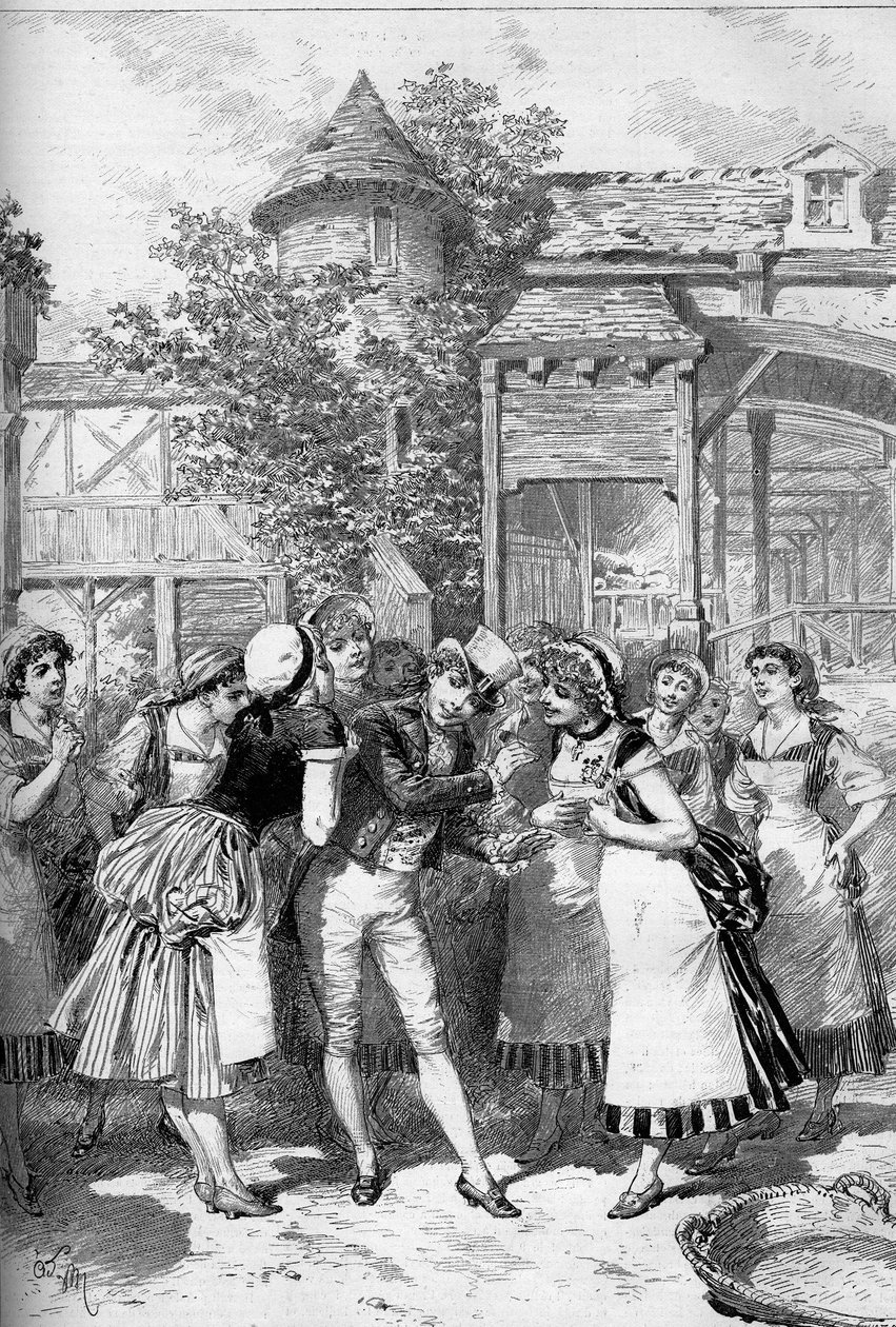 نيكولا الجميلة تحيط بها فتيات القرية. جولييت سيمون جيرارد (سيمون جيرارد) (1859-1959) في دور نيكولا في أوبرا "Le beau Nicolas" (الفصل الثاني) بعد نص ليبريتو من تأليف Eugene Leterrier (1843-1884) ، و Albert Vanloo (1846-1920) و أ بواسطة أدريان إيمانويل ماري