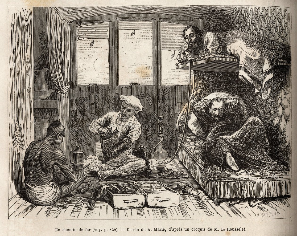 The interior of an East Indian Railway railway bed wagon, on the route to Azimgange, in a large compartment, a removable berth and a washroom, as well as the staff of the car who oversees the comfort of the passengers, available to wax boots, prepare hot d بواسطة أدريان إيمانويل ماري