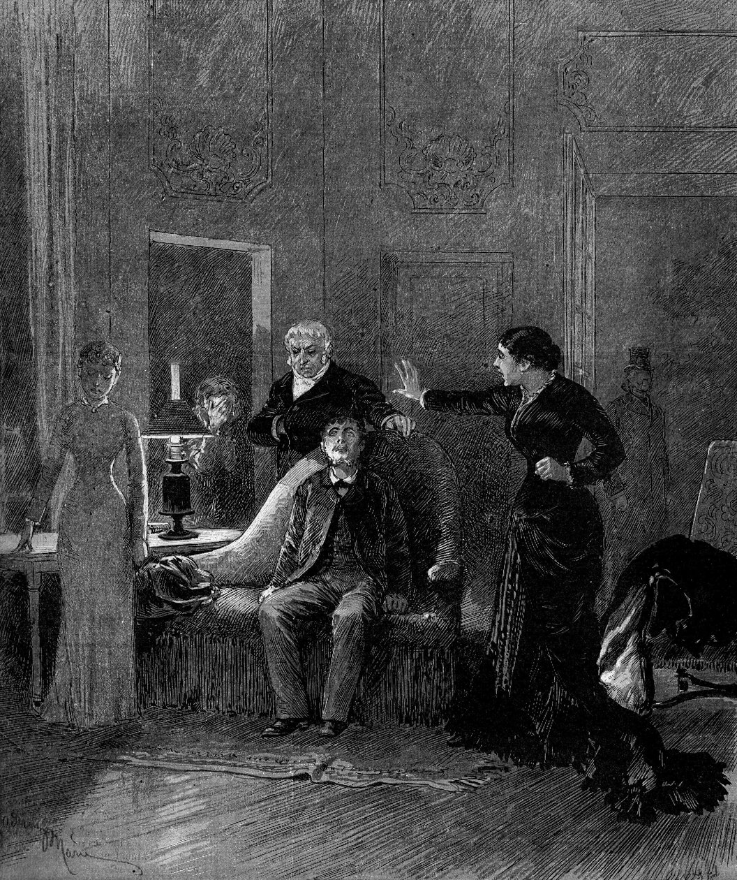 التمثيل المسرحي: الفصل الخامس من "جاك" لألفونس داوديت (1840-1897) وه. لافونتين مع الآنسة سيسوس (سيسيل) ، إم بوريل (دكتور ريفالز) ، إم تشيل (جاك) ، ملكة جمال مونتالاند (إيدا دي بارانسي) ). باريس ، مسرح دي لوديون بواسطة أدريان إيمانويل ماري