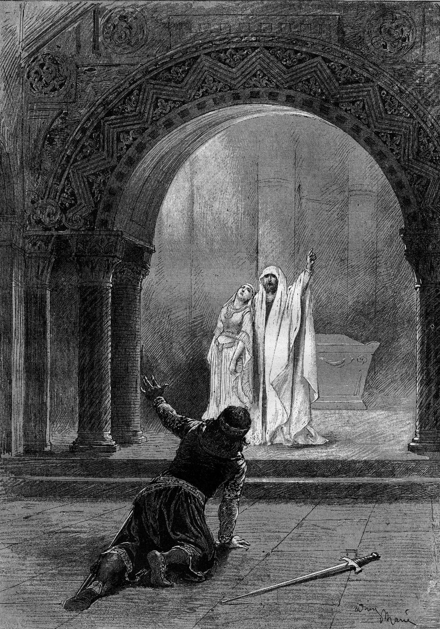 التمثيل المسرحي: "" Garin "" لبول ديلير (1842-1894) مع هنري موبانت (1821-1908) (هربرت) ، أديلين دودلاي (عيشا) وجان سولي مونيه ديت مونيه سولي (مونيه سولي) (1841-1916) (جارين). باريس ، كوميدي فرانسيز بواسطة أدريان إيمانويل ماري