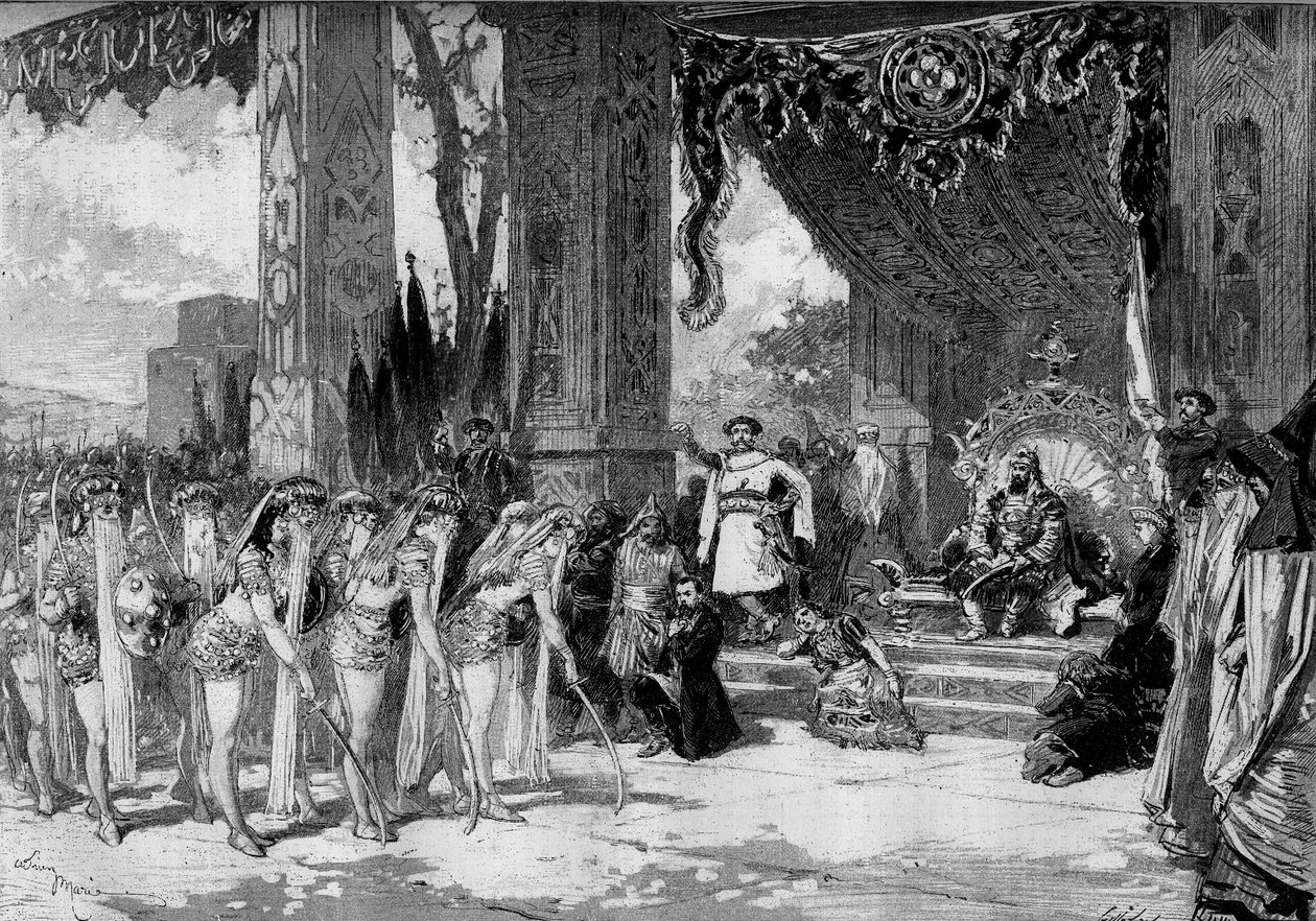 التمثيل المسرحي: "ميشيل ستروجوف" لجول فيرن (1828-1905) وأدولف دي إنري (دينيري) (1811-1899). اللوحة التاسعة: معسكر الأمير وحفلة الترتار ، خلاص الأمازون للأمير. ديكور دي شيريت. باريس ، مسرح دو شا بواسطة أدريان إيمانويل ماري