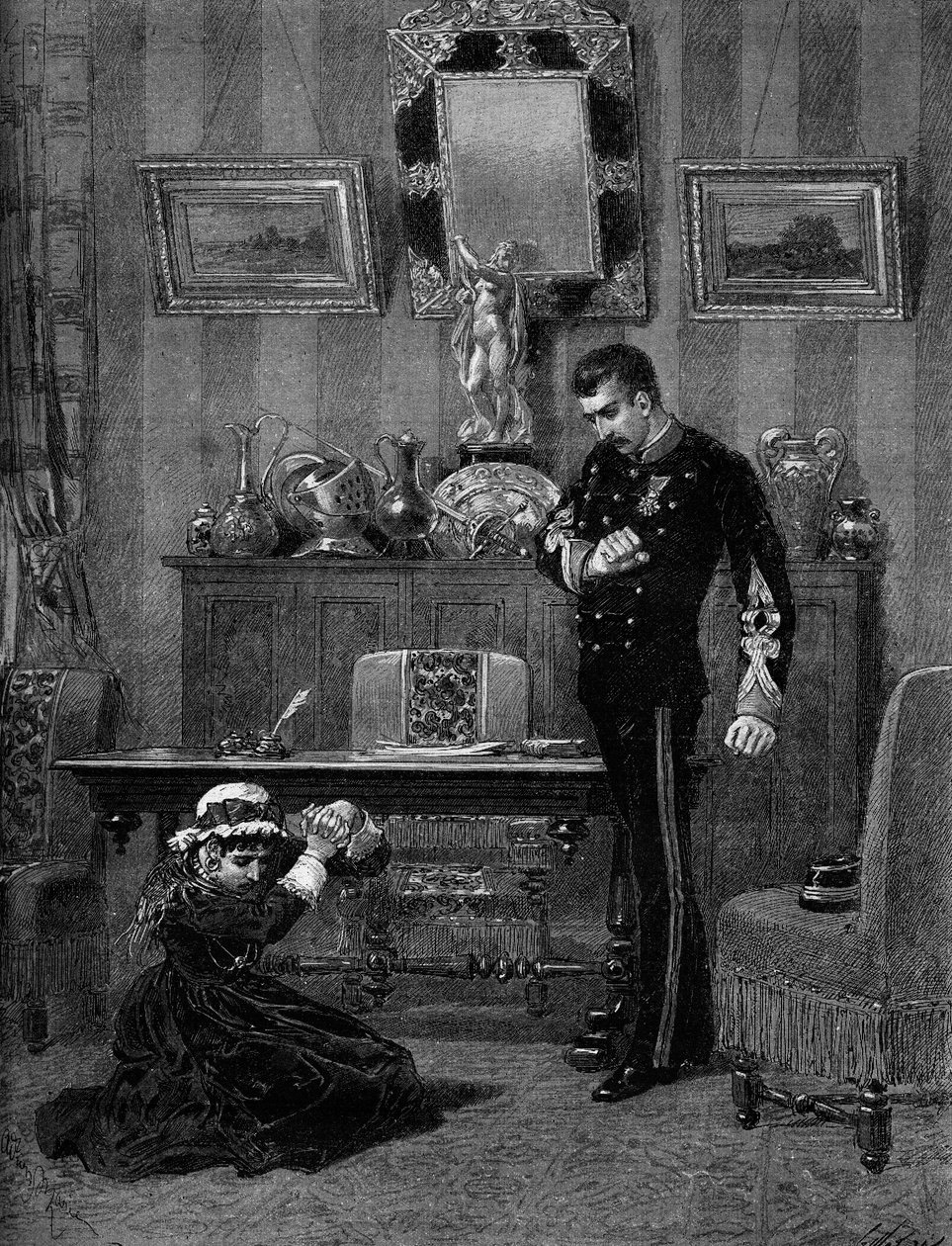 التمثيل المسرحي: "ابن كورالي" لألبرت ديلبيت (1849-1893) مع إيمي جين تيساندير (1851-1923) (كورالي) ولوسيان جيتري (1860-1925) (دانيال). باريس ، مسرح صالة للألعاب الرياضية بواسطة أدريان إيمانويل ماري